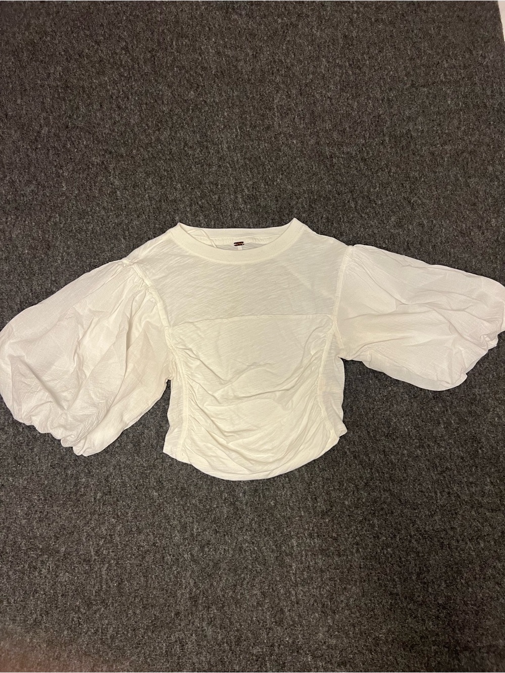 Free People White Ruched Puff Sleeve Crewneck Top
